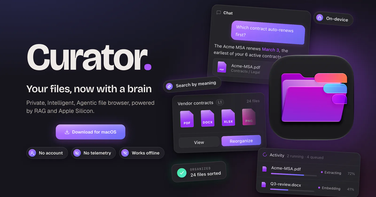 Curator for macOS, showing semantic search, private on-device processing, and smart file organization