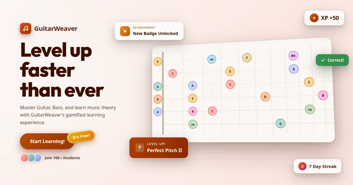 GuitarWeaver's gamified music theory experience, with an interactive fretboard and learning achievements